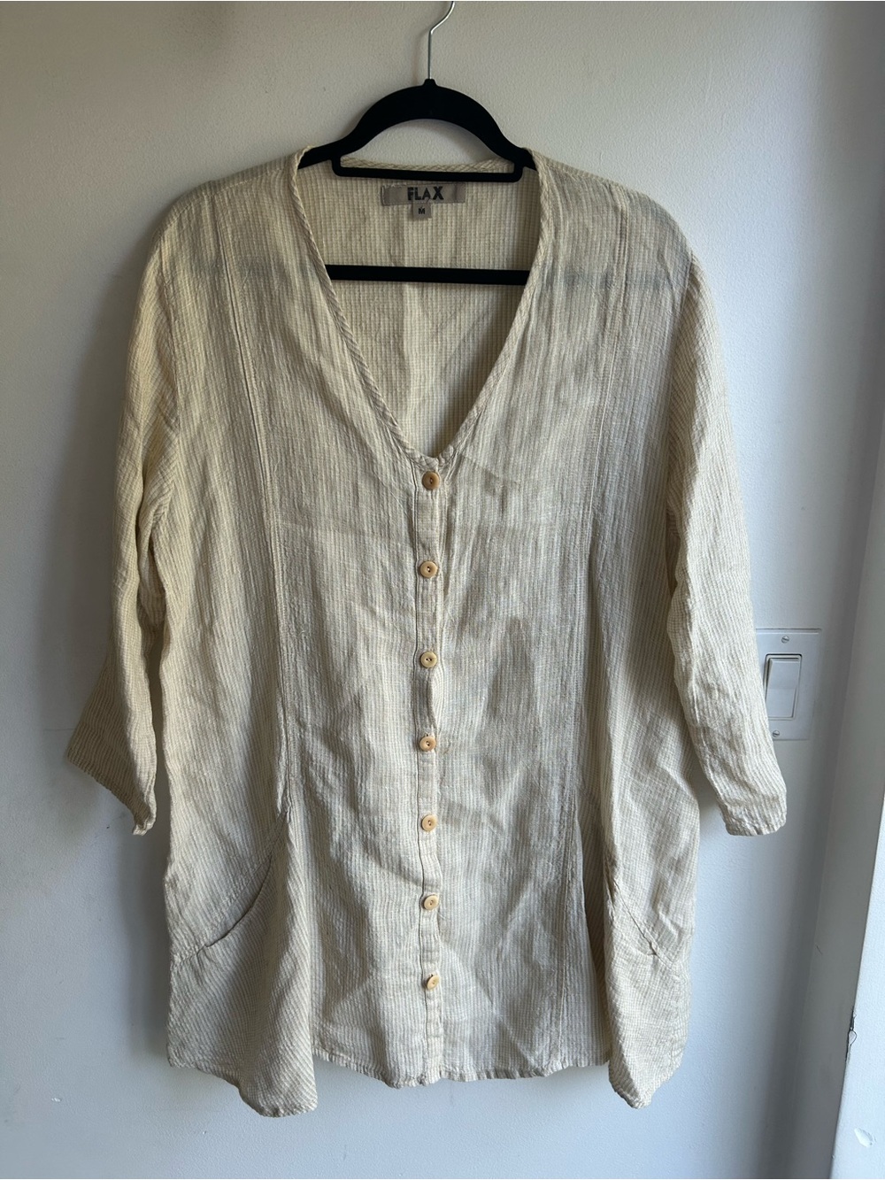 Flax 100% Linen Long Sleeve Button Down Shirt Relaxed  3/4 sleeve Sz M